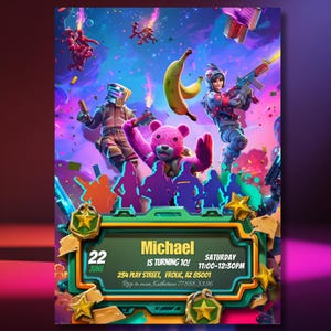 Invito di compleanno modificabile a tema Fort Game / Invito per la festa del 10° compleanno / Modello Canva a tema Gamer / Download digitale