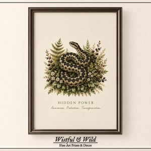 Peut inclure: Une impression d'art encadrée représentant un serpent enroulé entouré de fougères vertes, de petites fleurs blanches et de baies sombres. Sous l'illustration, le texte indique HIDDEN POWER suivi de Awareness, Protection, Transformation.