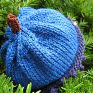 Pode incluir: Um chapéu azul de malha feito à mão com um detalhe de caule castanho. O chapéu tem uma textura canelada e uma borda ondulada azul escura. O chapéu é exibido em um leito de folhagem verde.
