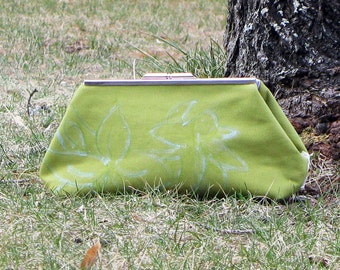 Hand Painted Clutch Purse Green with Blue Lily