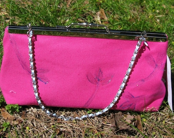 Hand Painted Clutch Purse Pink with Glitter Leaves