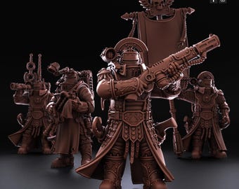 May include: A group of brown miniature figurines, each depicting a detailed armored figure with various weapons and accessories. The figures have a steampunk or sci-fi aesthetic, with intricate designs and a dark background.