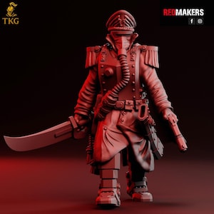 May include: A red-toned figurine of a military figure, wearing a cap, respirator, and uniform with epaulets. The figure is armed with a large sword and a pistol. The image includes the text "REDMAKERS" and the logo "TKG".