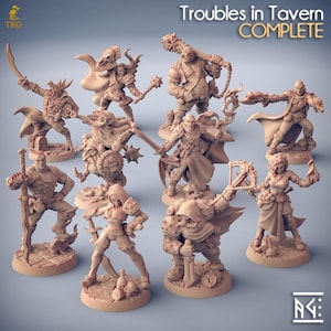 May include: A collection of miniature fantasy figures, each in a dynamic pose, wielding weapons such as swords, maces, and bows. The figures are in a neutral tan color, with the text "Troubles in Tavern COMPLETE" at the top.