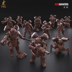 May include: A collection of brown miniature figurines of futuristic soldiers and robots. The figures are detailed with armor, weapons, and equipment. The scene is set against a dark background, highlighting the models' intricate designs.