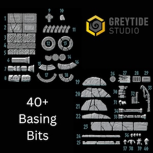 May include: A collection of 40+ gray basing bits for miniature bases. The image shows various stone, rune, and architectural elements, including broken stones, circular designs, and skulls. The Greytide Studio logo is in the upper right.