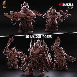 May include: A collection of brown miniature figures in various action poses, each armed with weapons and armor. The figures are displayed against a dark background, with the text "10 UNIQUE POSES" visible.
