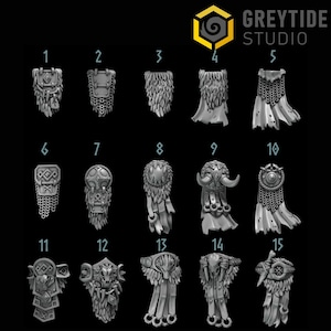 May include: A collection of fifteen detailed, stylized fantasy shoulder armor designs. Each piece is a unique design, featuring elements like chainmail, feathers, and animal motifs. The armor pieces are numbered and set against a dark background.