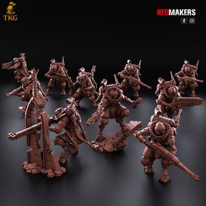 Puede incluir: Un conjunto de figuras en miniatura marrones de soldados futuristas, cada uno armado con varias armas y armaduras detalladas. Las figuras están en poses dinámicas, sugiriendo acción y combate. El logotipo "REDMAKERS" es visible.