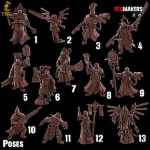 Peut inclure: Une collection de 13 figurines miniatures marron dans diverses poses, chacune tenant des armes ou des symboles religieux. Les figurines sont numérotées et étiquetées "POSES". Le logo "REDMAKERS" est visible en haut à droite.