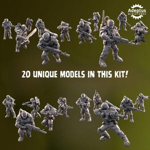 May include: A set of 20 grey miniature soldier models in dynamic poses, each holding rifles and equipment. The figures are set against a green backdrop. Text reads "20 UNIQUE MODELS IN THIS KIT!"