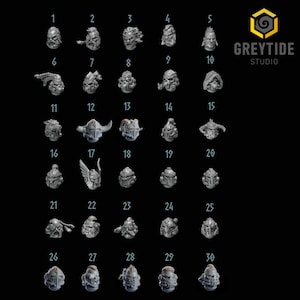 May include: A collection of thirty miniature grey resin heads and helmets arranged in a grid, numbered one through thirty. Each piece features distinct facial expressions, hairstyles, or armored headgear designs. The Greytide Studio logo is visible.