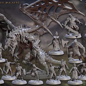 May include: A collection of miniature figurines, including zombies, a dragon, and various characters, displayed on individual bases. The image features the text "MARCH OF THE ZOMBIE WALKERS" and the Artisan Guild logo.