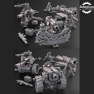 May include: A selection of grey miniature war machines, including cannons, mortars, and wheeled artillery. Some pieces feature skull motifs and intricate mechanical details. The image showcases various components and assembled models.
