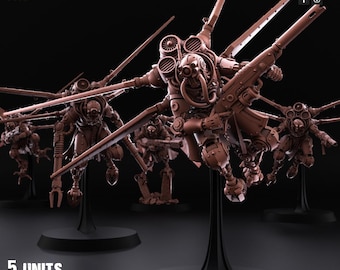 May include: Five brown mechanical figures with wings and weaponry, displayed on black stands. The figures feature detailed mechanical components, including tubes and vents. The image includes the text "5 UNITS PATREON & TRIBES" at the bottom.