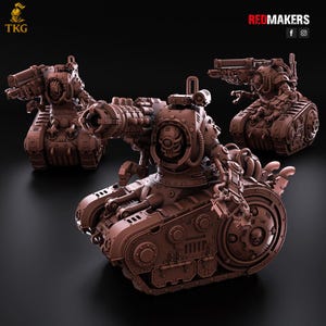 May include: Three brown miniature war tanks with detailed mechanical designs. Each tank features large cannons, intricate armor plating, and a skull-like emblem. The tanks are set against a dark background, highlighting their complex structures.