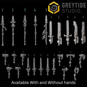 May include: A collection of 3D-rendered fantasy weapons, including spears, swords, axes, and chainswords, against a black background. The image includes the text "GREYTIDE STUDIO" and "Available With and Without hands".
