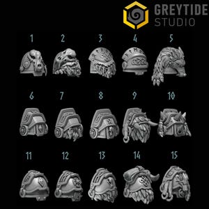 May include: A collection of fifteen detailed, gray-colored miniature helmet designs, each with unique features like animal motifs, beards, and runes. The helmets are numbered and displayed against a dark background, showcasing a variety of styles.