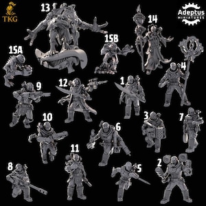 May include: A collection of fifteen grey miniature figures labeled 1 through 15B, featuring various sci-fi characters, soldiers with rifles, heavy weapons, and a large creature. The image includes the text TKG and Adeptus Miniatures.