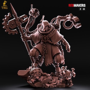 May include: A brown figurine of a futuristic warrior with mechanical parts, holding a staff with a gear-shaped blade. The figure has a skull-like head and is standing on a rocky base. The figurine has a chain around its waist.