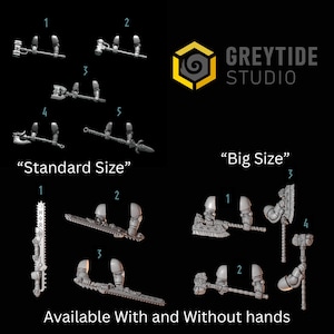 May include: A collection of miniature weapons, including hammers, axes, and a chainsaw, in a dark setting. The text "Standard Size" and "Big Size" are displayed, along with the text "Available With and Without hands."