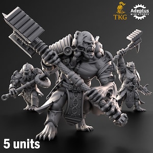 Könnte beinhalten: Fünf graue Miniaturfiguren von monströsen Kriegern, die jeweils einen großen Hammer oder eine Waffe halten. Die Figuren haben detaillierte Rüstungen und groteske Merkmale. Der Text "5 units" befindet sich am unteren Bildrand.