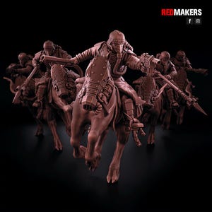 May include: A group of brown figures riding mechanical horses, each armed with weapons and wearing helmets and masks. The figures are in a dynamic pose, suggesting movement. The Red Makers logo is in the top right corner.