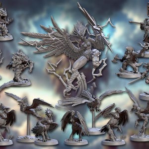 May include: A collection of miniature figurines, including winged creatures, warriors, and monsters, displayed on a blue background. The figurines are in various poses, some with weapons. The text "RAID AT THE TEMPLE OF ZEPHYRA" is visible.