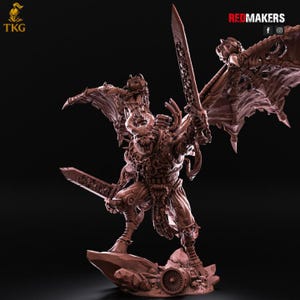 May include: A brown, detailed figurine of a winged demon wielding two swords. The demon stands on a rocky base with mechanical elements. The figurine has intricate armor and a menacing expression. The wings are spread, and the swords are raised.