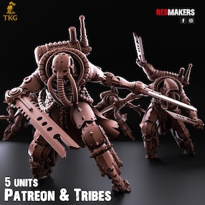 May include: Brown, futuristic-looking figures with large swords and mechanical details. The figures are posed in action, with one figure in the foreground. The image includes the text "5 UNITS PATREON & TRIBES".