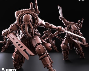 May include: Brown, futuristic-looking figures with large swords and mechanical details. The figures are posed in action, with one figure in the foreground. The image includes the text "5 UNITS PATREON & TRIBES".