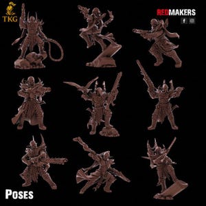 May include: Nine brown miniature figurines in various action poses, each with detailed armor and weapons. The figurines are set against a black background. The word "POSES" is at the bottom of the image. The Redmakers logo is in the top right corner.