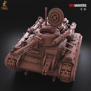 May include: A detailed brown model tank with multiple turrets, a large cannon, and intricate mechanical details. The tank has visible rivets and pipes, with the text "REDMAKERS" and social media icons in the top right corner. The logo "TKG" is in the top left corner.