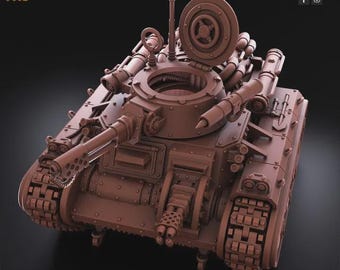 Puede incluir: Un detallado modelo de tanque marrón con múltiples torretas, un cañón grande y intrincados detalles mecánicos. El tanque tiene remaches y tuberías visibles, con el texto "REDMAKERS" e iconos de redes sociales. El logotipo "TKG" está en la esquina superior izquierda.