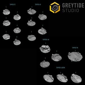 May include: A collection of grey miniature terrain toppers for tabletop gaming. The image shows various sizes, including Topper 32, 40, 60, 90, and 60x90, each with unique architectural designs. The GreyTide Studio logo is in the upper right corner.