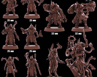May include: A collection of brown miniature figurines, each depicting a detailed, armored character with various mechanical attachments and weapons. The bases are labeled with sizes: 25 mm and 32 mm. The Red Makers logo is visible in the top right corner.