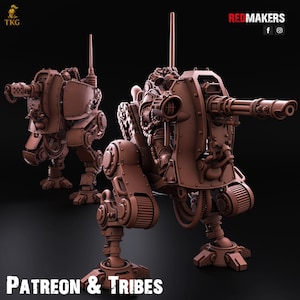 Puede incluir: Dos miniaturas marrones detalladas de máquinas de guerra con cañones grandes y patas mecánicas. Los modelos tienen antenas y blindaje intrincado. El texto "PATREON & TRIBES" está en la parte inferior de la imagen.