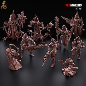 May include: A collection of brown, futuristic robot figurines with intricate mechanical details. The figures vary in size and pose, some holding weapons. The image includes the text "REDMAKERS" and the logo "TKG".