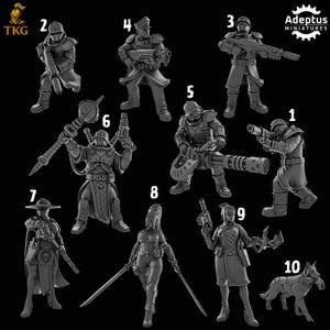 May include: A selection of ten miniature figurines, each representing a different character in a futuristic or fantasy setting. The figures are grey and detailed, with various weapons and armour. The "Adeptus Miniatures" logo is visible.