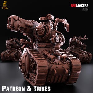 May include: A brown, detailed model of a futuristic tank with a large cannon and mechanical arms. The tank has a skull-like design on the front and is set against a dark background. The text "PATREON & TRIBES" is visible at the bottom.