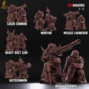 May include: A collection of brown miniature figurines depicting various weapons, including a laser cannon, mortar, missile launcher, heavy bolt gun, autocannon, and heavy stubber. Each figurine features detailed armor and weaponry, with text labels identifying each weapon type.