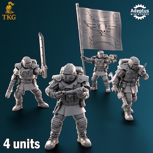 May include: Four gray miniature soldier figurines, each equipped with armor, weapons, and backpacks. One figure holds a flag with a skull emblem. The text "4 units" is at the bottom. The logo "TKG" is in the upper left corner.