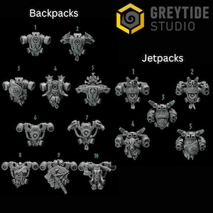 May include: A collection of miniature grey backpacks and jetpacks, each with unique mechanical designs. The image includes the text "Backpacks" and "Jetpacks", along with the "GREYTIDE STUDIO" logo. The designs feature various shapes and details.