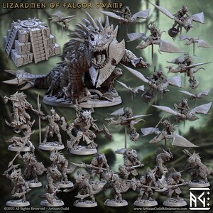 May include: A collection of detailed, unpainted miniature figurines depicting Lizardmen of Falgor Swamp. The set includes a large dragon-like creature, various humanoid lizard figures, and flying creatures. The miniatures are designed for tabletop gaming.