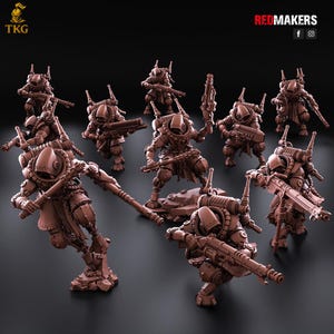 May include: A collection of brown miniature figurines of futuristic soldiers, each equipped with weapons and armor. The figures are in various action poses, some kneeling and others standing, with detailed mechanical designs. The image includes the text "REDMAKERS" and the logo "TKG".