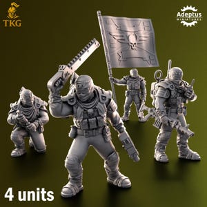 May include: A group of four miniature figurines of soldiers in combat gear. Each figure is gray and detailed, with helmets, armor, and weapons. One figure holds a flag with a skull emblem. The text "4 units" is at the bottom.