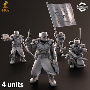 May include: A group of four miniature figurines in a military theme. The figures are dressed in detailed uniforms and carry weapons and a flag with a skull emblem. The text "4 units" is at the bottom.