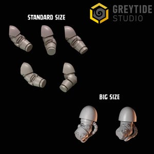Könnte beinhalten: Eine Sammlung grauer Miniatur-Armkomponenten von Greytide Studio, beschriftet als Standard Size und Big Size. Der Bereich Standard Size zeigt fünf glatte, segmentierte Armteile, während der Bereich Big Size zwei detaillierte, mechanische Armteile mit sichtbaren Schläuchen und kreisförmigen Gelenken umfasst.
