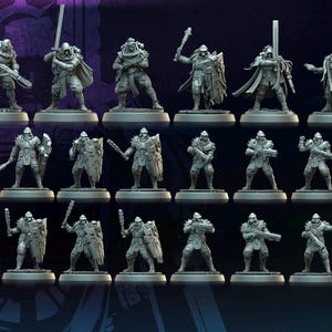 May include: A collection of miniature figurines, likely for tabletop gaming. The figures are primarily gray, depicting various characters in armor and wielding weapons. Some figures include dogs. The text "ARDERE SYNDICATE OPPRESSION" is visible.