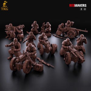 May include: A collection of brown miniature figurines of soldiers and artillery pieces. The soldiers are in a kneeling or crouching position, some operating large cannons. The image includes the text "TKG" and "REDMAKERS".